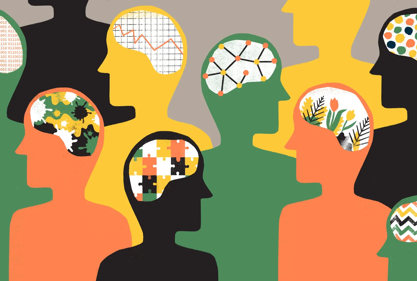 Illustration of people whose minds hold different research fields
