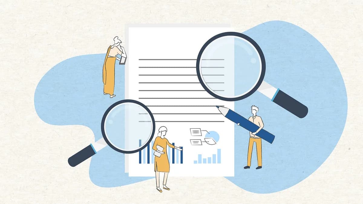 Illustration of researchers reading a paper through magnifying glasses
